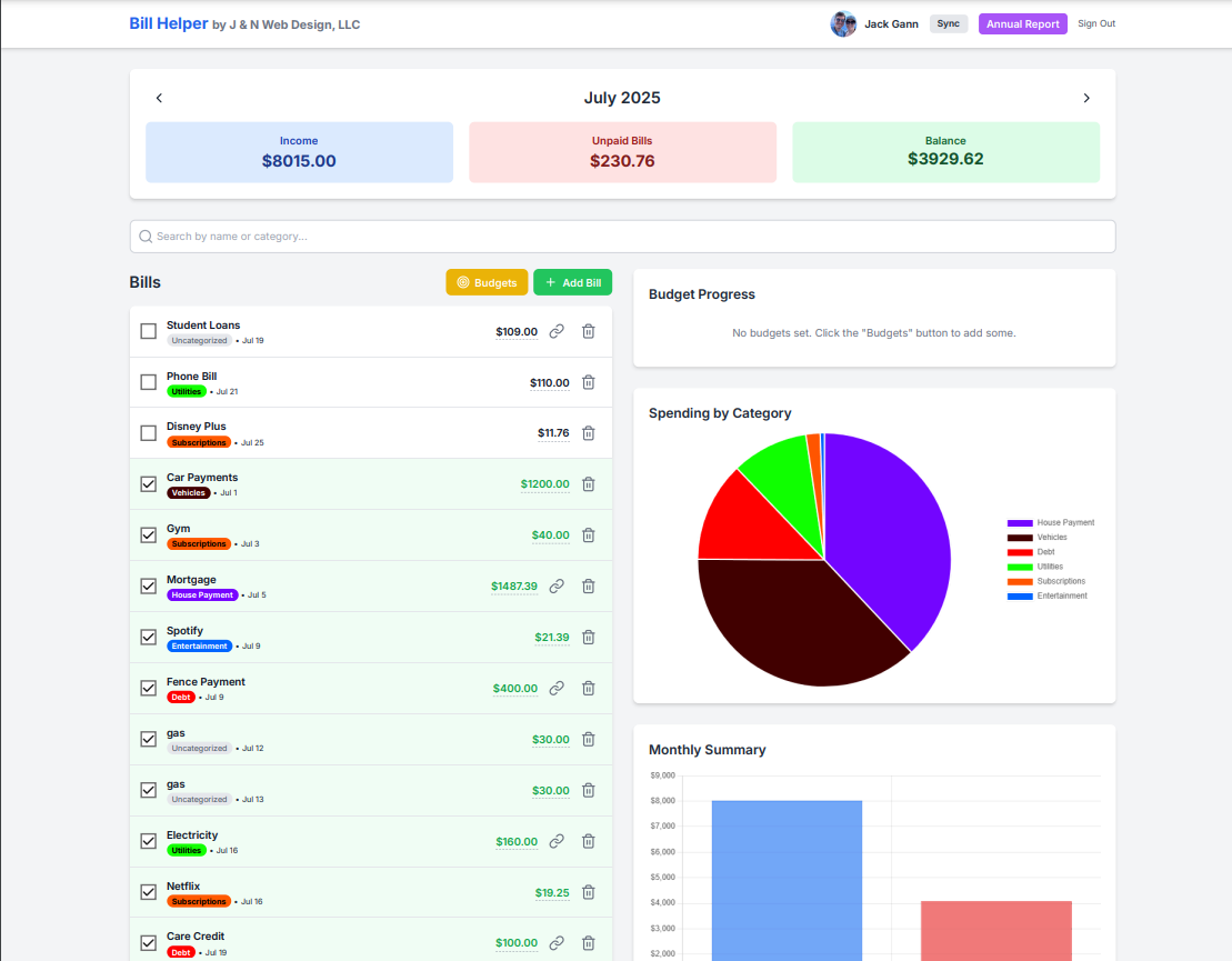 Screenshot of the Bill Helper progressive web application dashboard